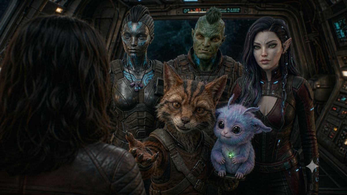 The crew characters together.